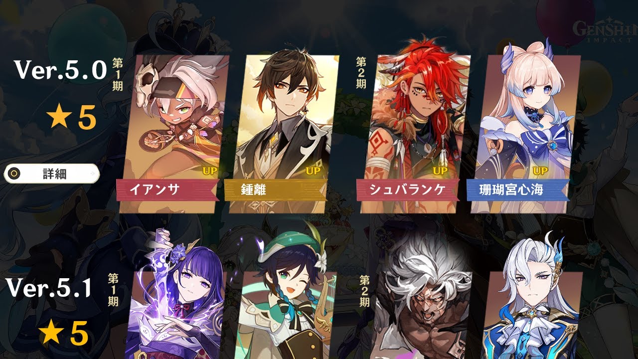 v5.0から5.1からの新しいガチャラインナップ！鍾離と雷電将軍の復刻｜イアンサ、シュバランケと炎神の実装に関する最新情報【原神/げんしん】