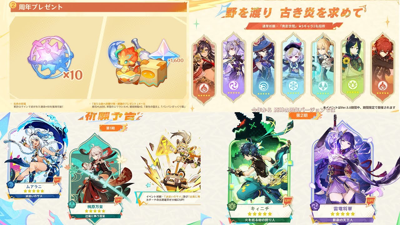 星5キャラ配布！！公式5.0周年記念報酬、3人キャラ配布、20連、ペット、ガジェット、聖遺物ステータスセレクター【原神/げんしん】