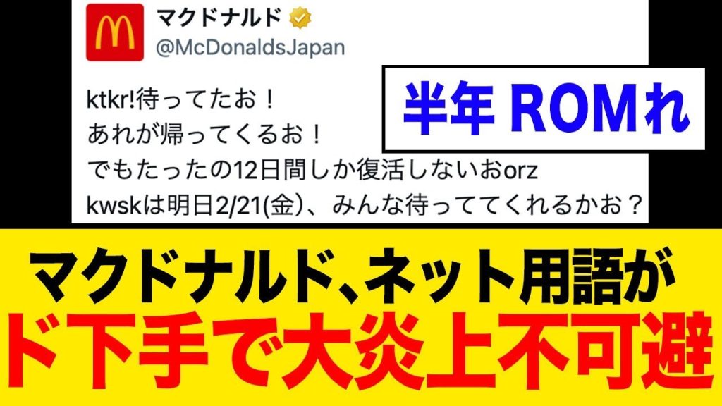 マクドナルドさん、ネット用語使うも下手すぎて「半年ロムれ」されてしまう