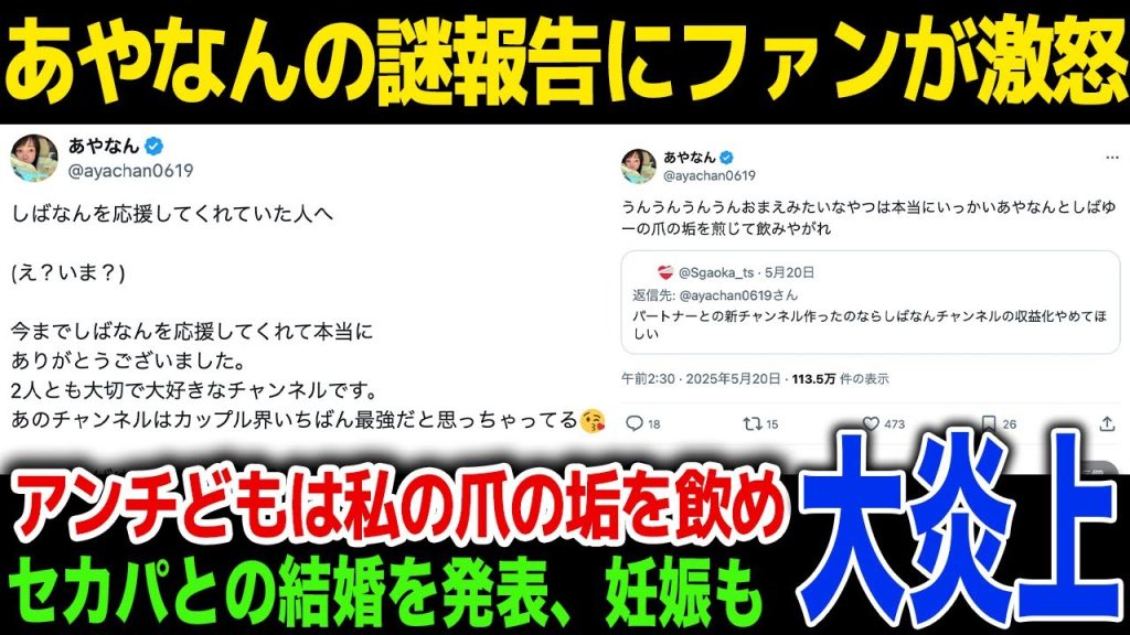 【大炎上】あやなんの謎発言にしばゆーファンが大激怒！「しばなんチャンネルはお金になるんで動画か消さずそのまま置いておきます」あやなんがセカンドパートナーとのチャンネルで驚愕の発言！